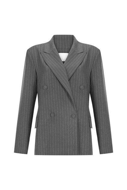 Gri Çizgili Oversize Vatkalı İçi Astarlı Krep Premium Ceket