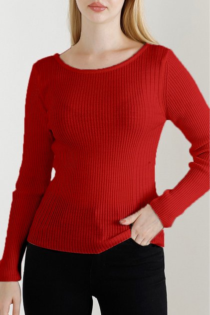 Women's Red Boat Neck Knitwear Sweater