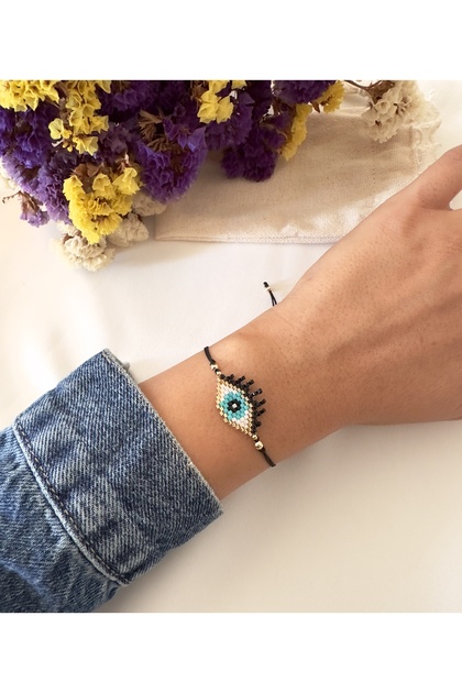 Turquoise Eye Evil Eye Black Miyuki Rope Bracelet