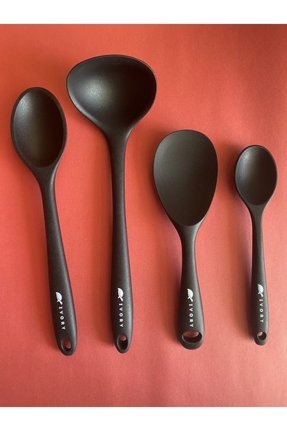 İvory Sert Uçlu Isıya Dayanıklı Yanmaz Yapışmaz Silikon Seti 4 Parça 28cm/22cm/20cm Kaşık 28cm Kepçe
