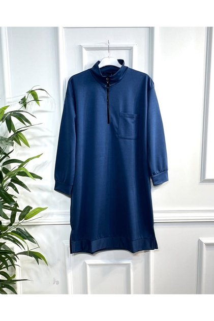 Asian Zipper Detailed Two Thread Combed Cotton Tunic - Indigo