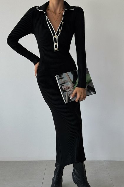 Pencil Cut Flexible Knitwear Fabric Button Detailed Long Sleeve Midi Length Black Knitwear Dress 076