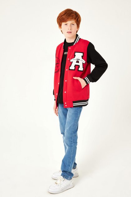 001 Print Detailed Boy's College Jacket Red