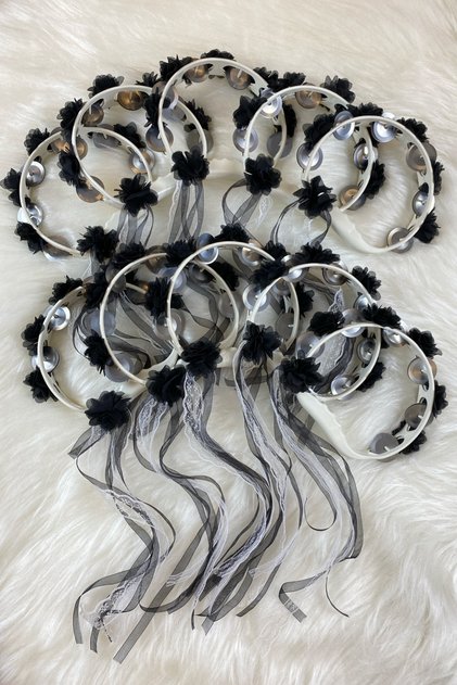 Black Fancy Bride Bridesmaid Henna Night Tambourine, Three Size Laser Flower and Ribbon Detail Tambourine 10 Pieces
