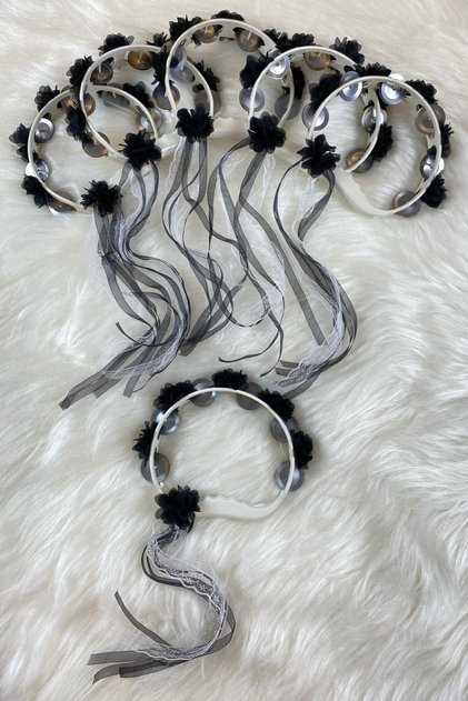 Black Fancy Bride Bridesmaid Henna Night Wedding Circumcision Tambourine, Three Size Laser Flower and Ribbon Fancy 5 Pieces