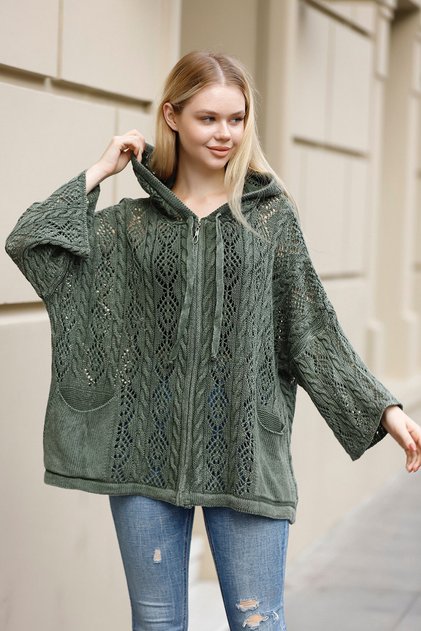 Women's Khaki Hooded Casual Cotton Knitwear Jacket Cardigan with Zipper Bag Pocket