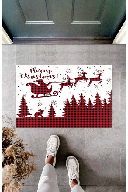 New Year Themed Merry Christmas Written Plaid Red White Color Digital Printed Bath Mat 50x70