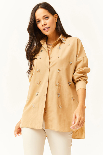 Women's Camel Collar and Oval Woven Shirt with Stone Embellishment at the Front GML-19001149