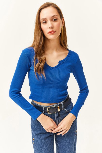 Women's Cobalt Blue Collar Detailed Corded Crop Blouse BLZ-19002423
