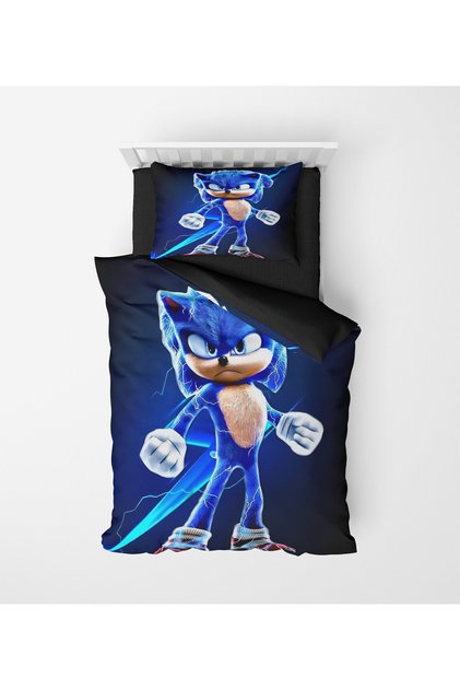 CASBERG Genç Çocuk Desen Mikro Saten 3D Dijital Baskı Tek Kişilik Nevresim Seti Sonic