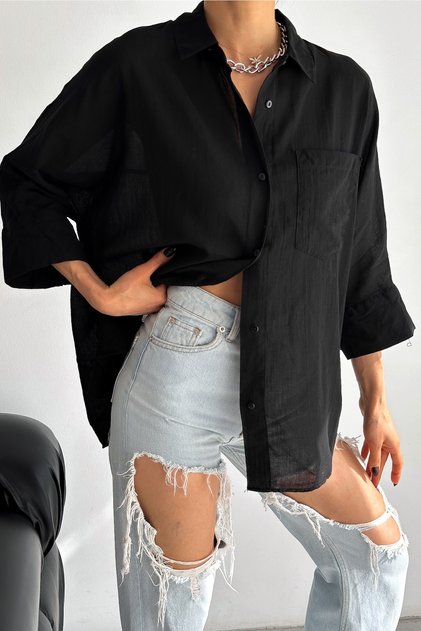 Women's Black New Season Poor Sleeve Single Pocket Oversize Cotton Shirt