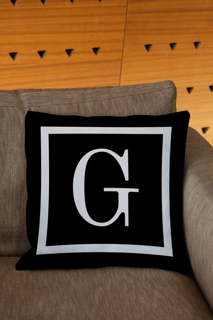 Black Colored Digital Printed Throw Pillow Cover with White Letter G