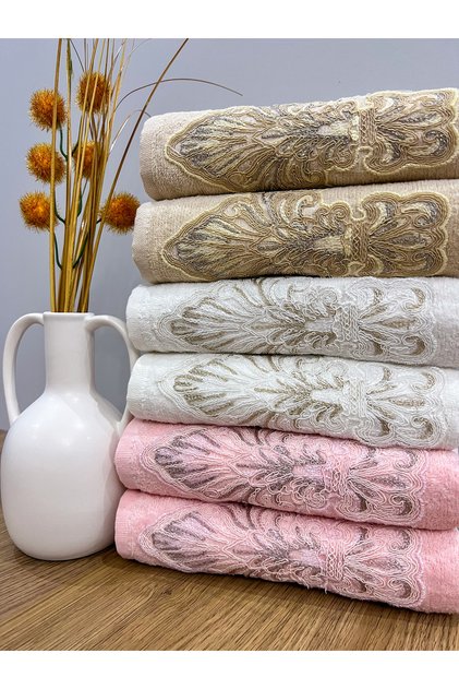 French Guipure Embroidered Patterned Luxury Dowry Set 50x90 Set of 6 Hand and Face Towels