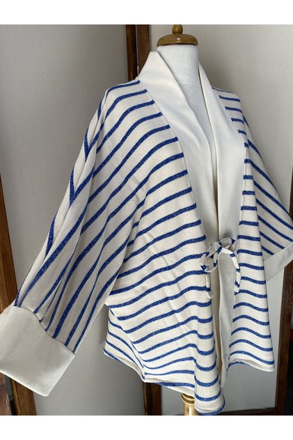 Yumuşak Dokulu Önden Bağlamalı Unisex Oversize Ceket Kimono - Mavi Beyaz Çizgili
