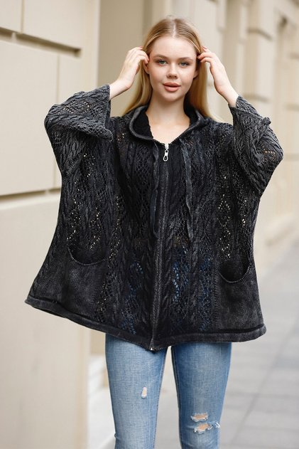 Women's Black Hooded Casual Cotton Knitwear Jacket Cardigan with Zipper Bag Pocket