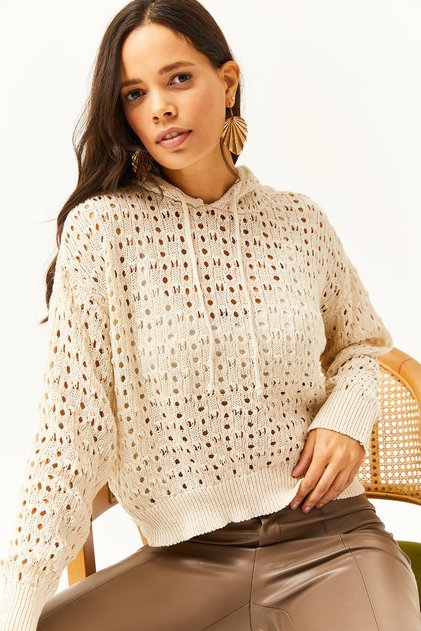 Hanorac din tricot din bumbac curbat cu glugă ecru pentru femei KZK-19000664