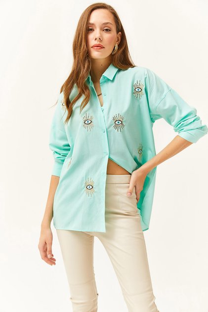Women's Water Green Sequin Detailed Woven Boyfriend Shirt GML-19000992