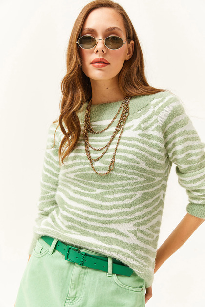 Women's Water Green Boat Neck Zebra Soft Textured Bearded Sweatshirt KZK-19000681