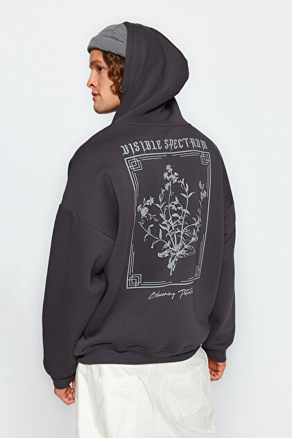 Antrasit Oversize/Geniş Kesim Kapüşonlu Çiçek Baskı İçi Polar/Sıcak Tutan Sweatshirt TMNAW24SW00100
