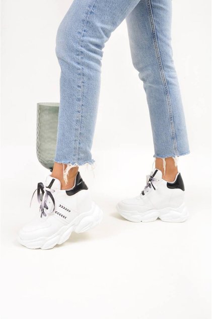 Women's White and Black Hidden Wedge Heeled Sports Shoes