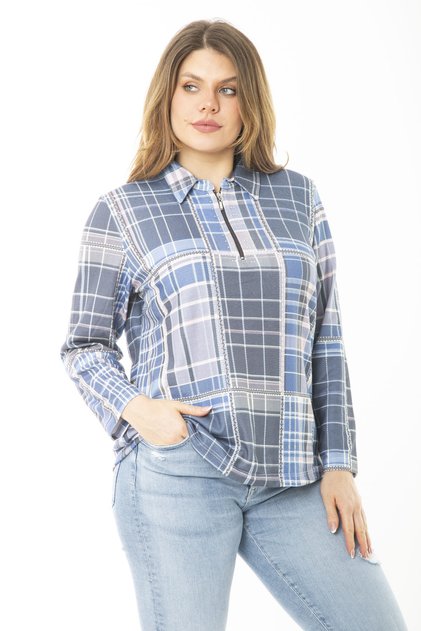 Women's Large Size Blue Front Plaid and Zipper Detailed Plaid Patterned Blouse 65N37120