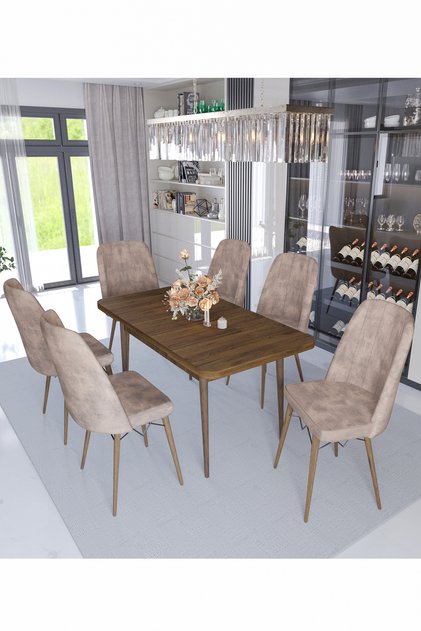 Sümela 80x130(kapalı) 80x170(açık) Yemek Masası Takımı Mutfak Masası Takımı Capucino 6 Sandalyeli