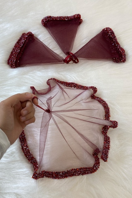 Burgundy Bridal Handkerchief, Wedding Halay Handkerchief, Glass Beads and Sequins Printed Henna Handkerchief