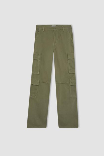 Coool Straight Fit Wide Leg High Waist Gabardine Trousers with Cargo Pockets B1450Ax23Au