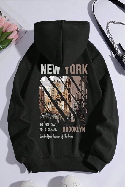 Unisex černá mikina s kapucí New York Brooklyn Printed Oversize