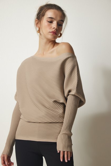 Women's Mink Asymmetrical Collar Ribbed Sweater FN03138