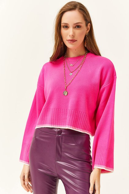 Women's Fuchsia Spanish Sleeve Crop Knitwear Sweater
