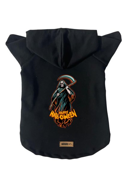 Hooded Fleece Sweatshirt Dog and Cat Outfit & Dress - Black Happy Halloween Grim Reaper