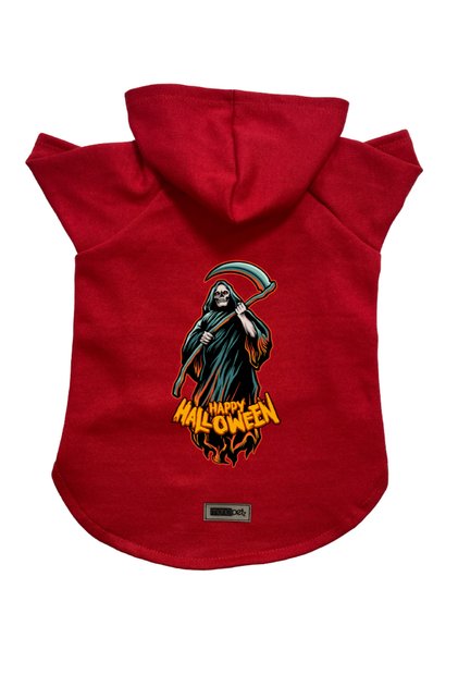 Hooded Fleece Sweatshirt Dog and Cat Outfit & Dress - Red Happy Halloween Grim Reaper
