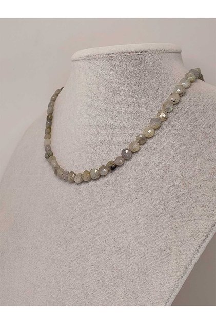 Labradorite Stone FLAT Facet Cut Necklace 6x4mm (Fixed Clip)