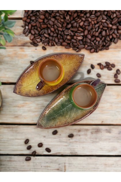Decorative Walnut Leaf Figured Tea Coffee Cup Set in Yellow, Green and Coffee Colors for 2 People