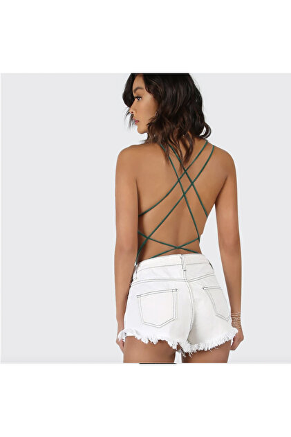 HelloBeautiful Sırt Dekolteli Çapraz ipli Bodysuit Koyu Yeşil Renk