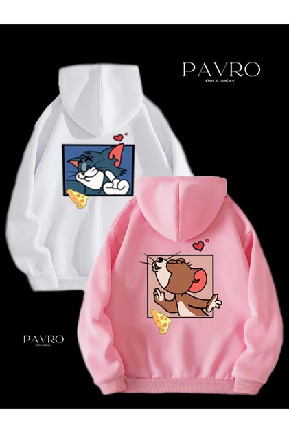 Hanorac tip bluză de trening pentru cuplu, set 2 piese, cu design Tom and Jerry kiss
