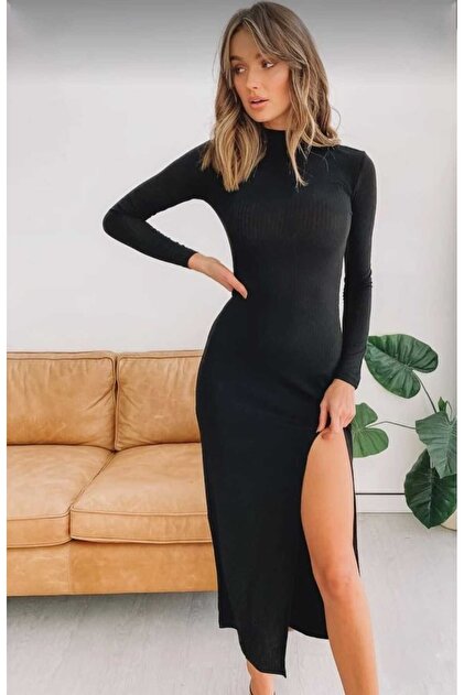 chinese dress ladies Long Sleeve Thigh Split Bodycon Midi Dress in Olive L / Green main image 1