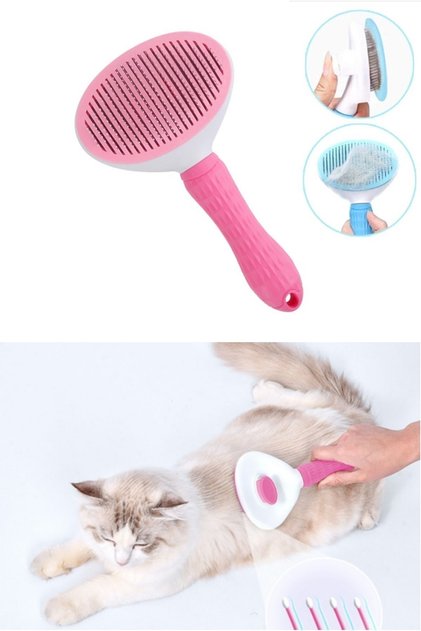 Pet Brush with Automatic Cleaning Button Cat Dog Hair Collector Comb Pink