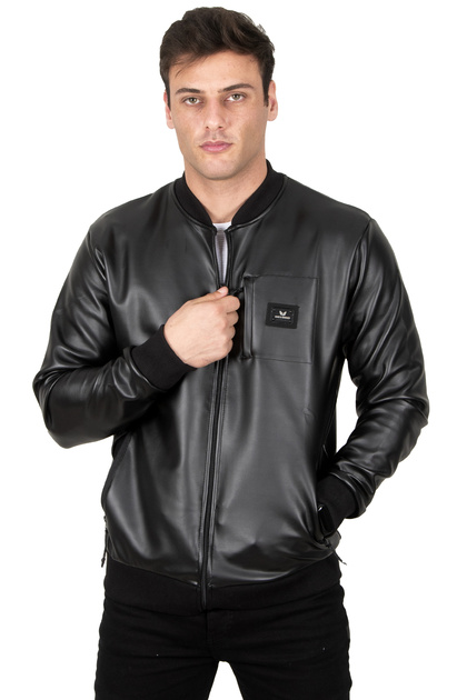 Men's Black Sleeve Collar Ribbed Zippered Faux Leather Sports Coat 23020662