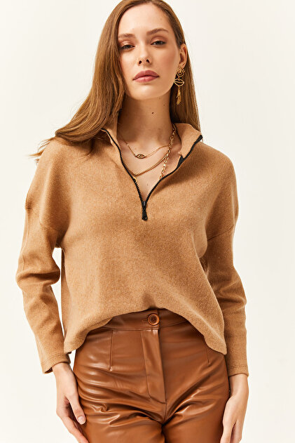 Olalook Kadın Camel Fermuarlı Dik Yaka Şardonlu Kazak - Fiyatı