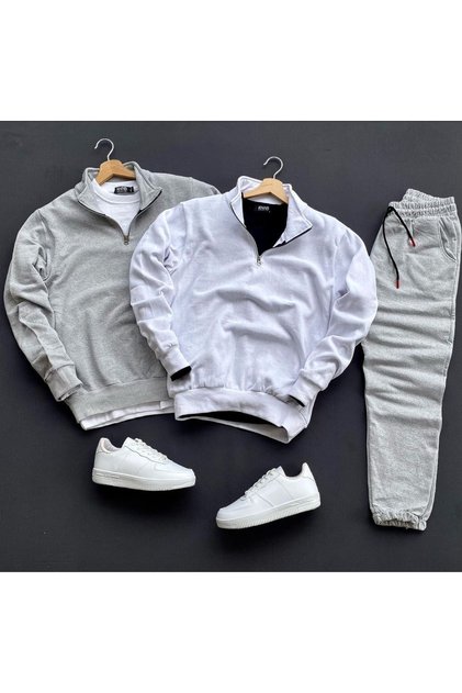 3-Piece Combination Half Zip Cotton Black Sweat-Cotton Black Sweatpants Set Bottom Top 3
