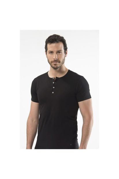 Cacharel 1308 Düğmeli Kısa Kollu Erkek T-shirt - Siyah - 3