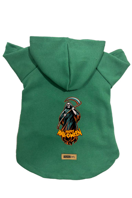 Hooded Fleece Sweatshirt Dog and Cat Outfit & Dress - Green Happy Halloween Grim Reaper
