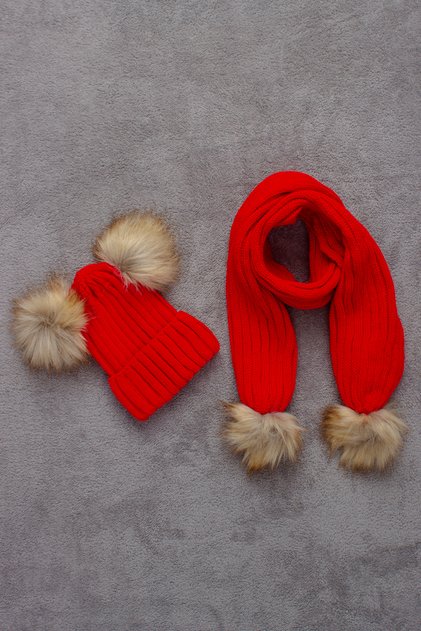 Set beretă eșarfă cu pompon dublu
