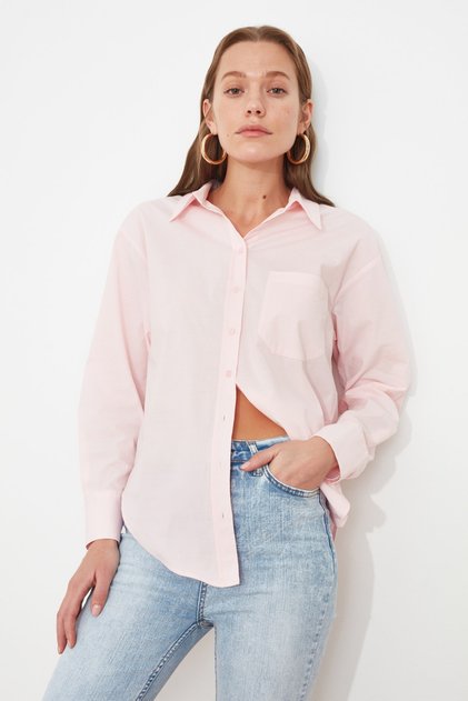 Pembe Tek Cepli Boyfriend/Geniş Kalıp Pamuklu Dokuma Gömlek TWOAW20GO0115