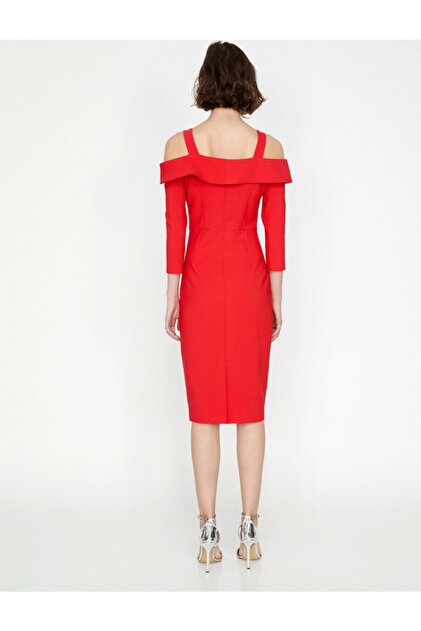 Koton Kadın Kırmızı Omzu Açik Elbise - 5