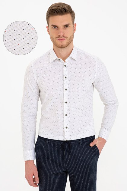 Haki Detaylı Beyaz Ex. Slim Fit Gömlek