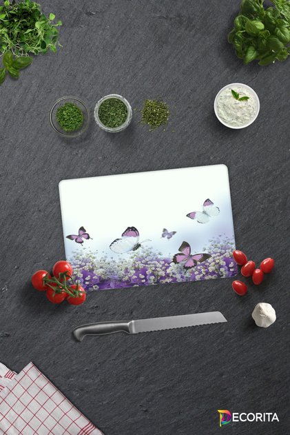 Purple Flowers and Butterflies | Glass Cutting Board - Glass Cutting Board | 20cm X 30cm