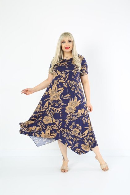 Plus Size Women's Relaxed Cut Patterned Short Sleeve Asymmetrical Viscose Combed Cotton Dress